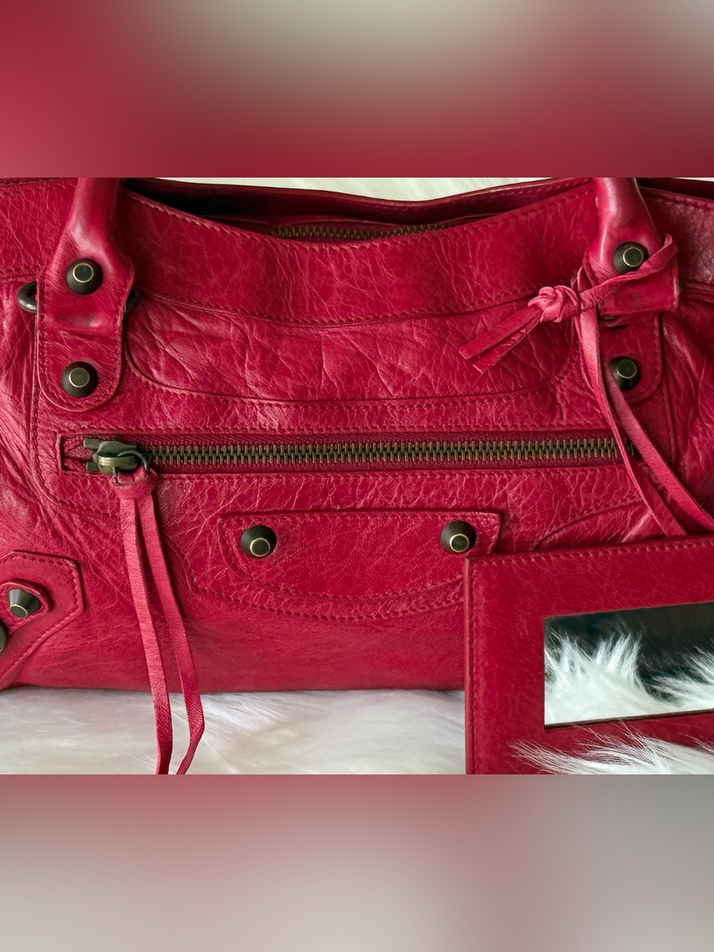 BALENCIAGA CITY BAG FIRST BAG CHERRY RED CHEVRE LEATHER 2008 VINTAGE W/ mirror - Picture 2 of 10